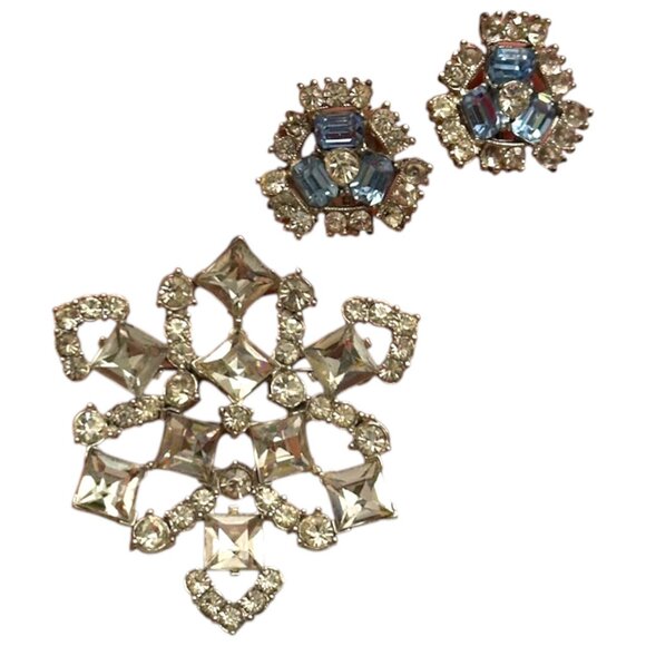 1930s Art Deco Bogoff Rhinestone Snowflake Brooch Blue Screwback